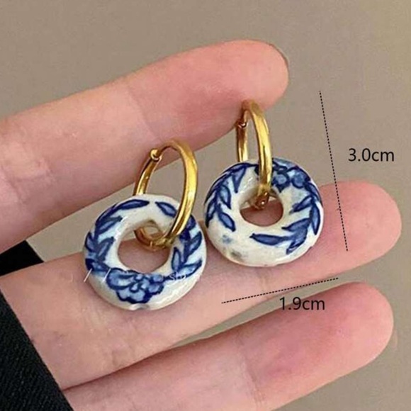 Blue White Porcelain Hoop Earrings Gold Small Hoops with Floral Ceramic Donut - Picture 3 of 5